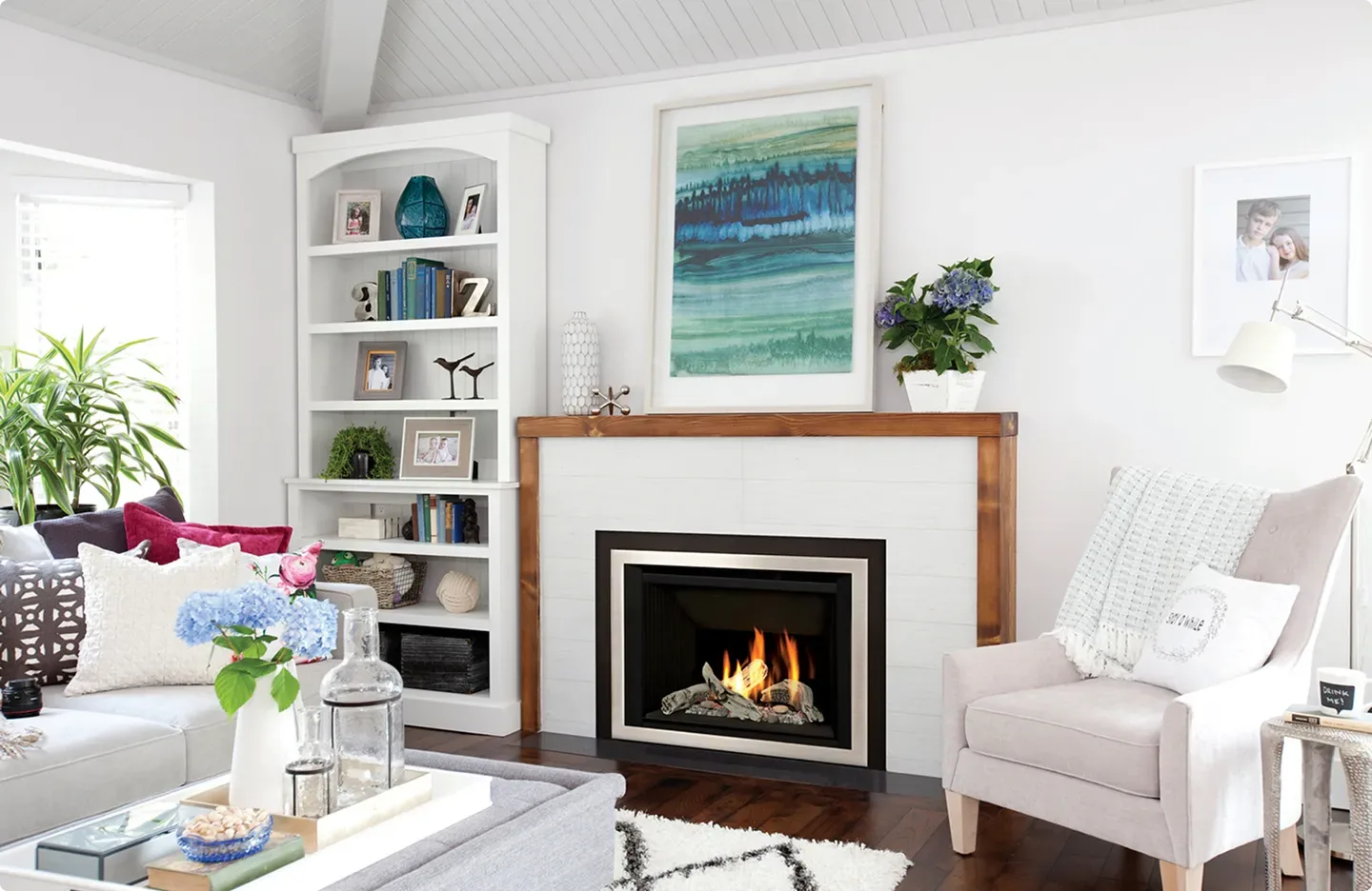A gas fireplace running on display in the Northwind Heating showroom in Surrey, BC